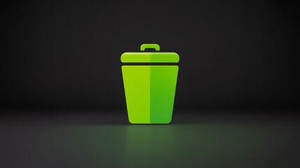 A brightly lit glowing green trash can stands prominently against a dark shadowy black background creating a stark contrast