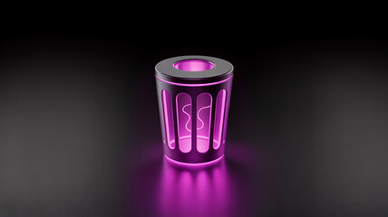 A vividly rendered cylindrical object with a glowing pink neon interior and reflective black exterior stands isolated on a dark