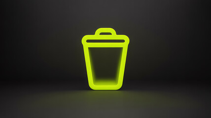 A vibrant neon yellow trash can icon glows against a dark shadowy background representing waste disposal and recycling