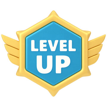 Level Up Badge 3d render icon in cartoon plastic style minimal isolated on transparent white background	
