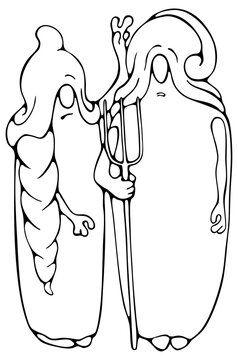 Gnome Couple Parody of American Gothic Painting. Black and White Line Art Illustration.