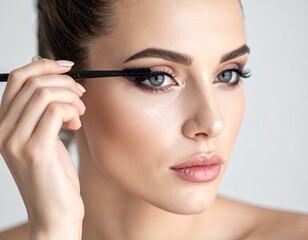 Retrato en primer plano de una mujer joven modelo maquill&aacute;ndose pintando los ojos