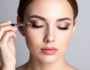 Retrato en primer plano de una mujer joven modelo maquill&aacute;ndose pintando los ojos