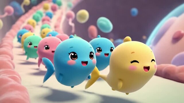 Colorful cartoon sea creatures joyfully swimming in a whimsical ocean