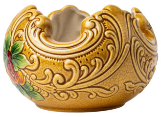Ornate yellow ceramic planter pot with floral relief designs on a transparent background