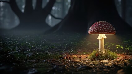 Single red mushroom with white spots glowing in a dark forest with mist