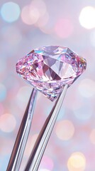 Metal tweezers gripping sparkling pink diamond, glinting against blurred multicolored background, representing high end jewelry luxury and refined gemstone elegance