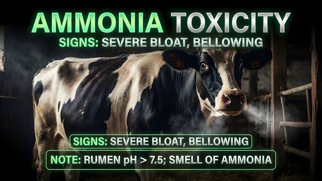 Ammonia toxicity in cattle causes severe bloat and bellowing in a black and white cow with animal health and veterinary and dairy and livestock
