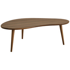 Midcentury Modern Kidney Shaped Wooden Coffee Table with Tapered Legs, Brown Wood Grain Top, Oval Amoeba Form on transparent background