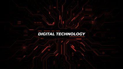 Fotobehang Gekleurd Glas Red circuit board background with central text space. Digital tech pattern showcasing electronic connections and futuristic design for modern presentations. Digital vector background  © AntonKhrupinArt