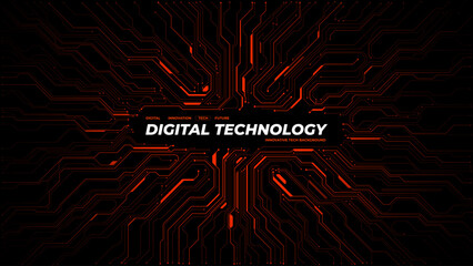 Abstract red circuit pattern with empty center area. Tech background featuring motherboard lines, network connections, and modern digital aesthetic for presentations. Digital vector background