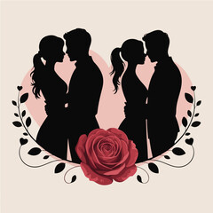 Romantic Silhouette Couples with Rose and Heart Shape Vector Illustration