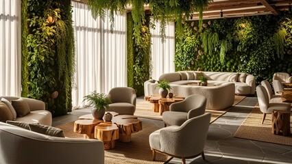 Fototapeta premium Biophilic indoor lounge featuring lush greenery walls, organic furniture flow, warm sunlight diffusion, earthy textures