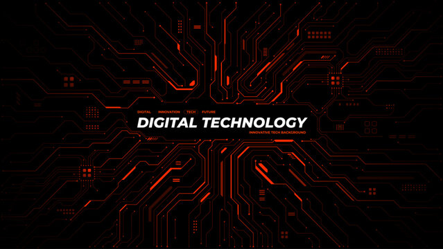 Red circuit board background with central text space. Digital tech pattern showcasing electronic connections and futuristic design for modern presentations. Digital vector background