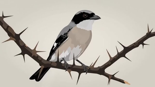 Loggerhead Shrike Animation Sequence Bird Perched On Thorn Branch Wildlife Illustration
