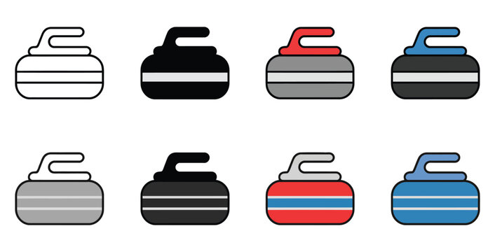 Curling stone icon set with different handle colors, vector illustrations representing curling sports equipment, game elements, winter sports, and professional digital