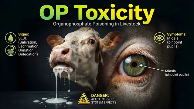 Organophosphate poisoning in livestock causes symptoms like salivation lacrimation urination defecation and pinpoint pupils in cattle with poisoning symptoms