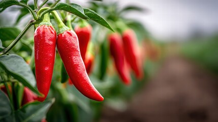 Close-up of vibrant red chili peppers growing on a plant in a field.