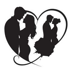 Romantic Couple Silhouette Inside Heart with Red Rose Vector Illustration