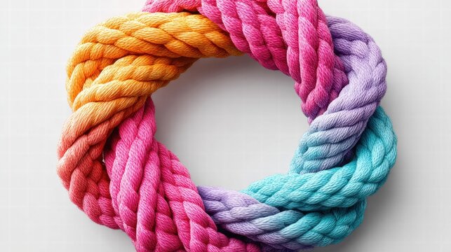 Colorful rope arranged in a circle on a white background