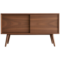 Midcentury Modern Walnut Wood Low Profile Sideboard with Sliding Doors and Tapered Legs, Front View on transparent background