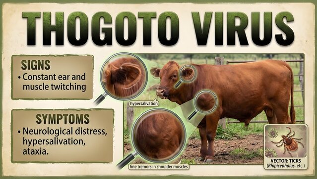 Bovine pathology image showing a sick brown cow with thogoto virus symptoms and signs with sick cow and animal health and veterinary and bovine disease