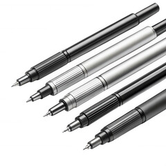 Sleek, metallic silver technical drawing pens with finely ribbed grips and polished conical tips are dynamically arranged in a cascading diagonal composition,, isolated on transparent background.