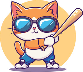 Cute cartoon cat and dog character illustration featuring a funny kitty with a baseball bat and ball, a smiling feline vector design with a furry tail for a fun pet drawing