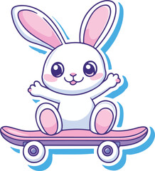 A cute cartoon vector illustration of a happy Easter bunny with a pink bow and long ears holding a spring holiday egg, isolated as a fun baby animal toy drawing for a greeting card