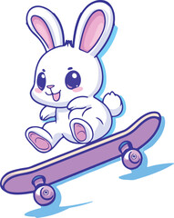 A cute cartoon bunny character riding a skateboard and a scooter, featuring a happy baby hare illustration with a pink Easter egg and carrot in a fun spring vector art design