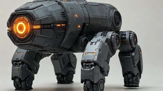 A static shot of a futuristic, four-legged robot with glowing orange lights, set against a plain backdrop.