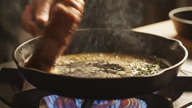 Beef steak cooking in cast iron pan with rosemary, steam rising, close-up