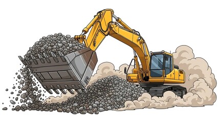 Heavy duty excavator digging rocks on construction site