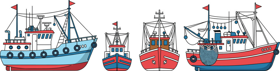 A collection of colorful fishing boats and trawlers with nets, masts, and flags arranged in a horizontal lineup