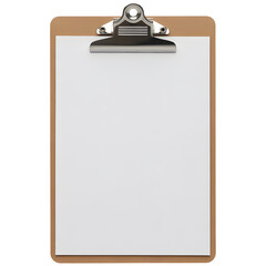 Brown Clipboard with Silver Clip Holding Blank White Paper Sheet, Empty Office Stationery on transparent background