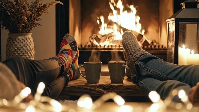 Cozy couple relaxing by a fireplace with hot drinks and warm socks