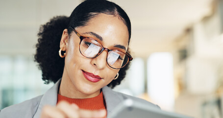 Creative, woman and reading with tablet in office for research, email editor and proofreading....