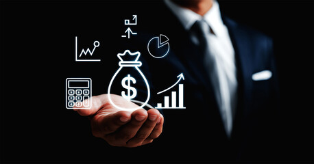 Business growth and finance concept with digital icons, profit chart and money symbol in professional setting