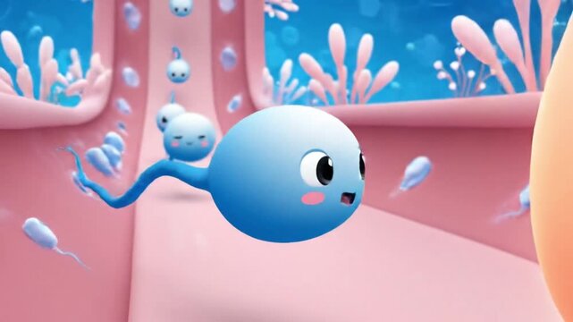 Cute animated sperm character swimming in colorful cartoon environment