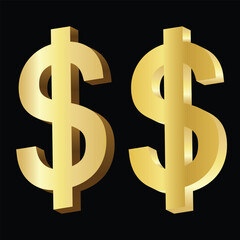 Golden colour 3D dollar signs, Dollar sign made of gold. Floating metal coin symbol. Golden Dollar Currency symbol. Dollar Vector illustration.