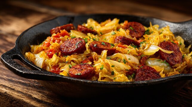 Chorizo and cabbage saut&eacute;, rustic home-style dish, paprika seasoning, cast-iron pan, wooden background, warm earthy tones