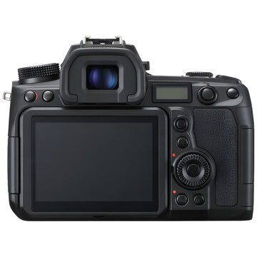 Black Mirrorless Digital Camera with Viewfinder Screen Buttons Dials Rear View on transparent background