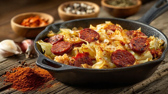 Chorizo and cabbage saut&eacute;, rustic home-style dish, paprika seasoning, cast-iron pan, wooden background, warm earthy tones
