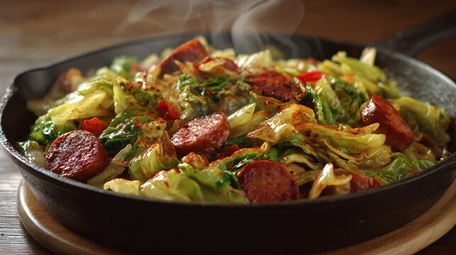 Chorizo and cabbage saut&eacute;, rustic home-style dish, paprika seasoning, cast-iron pan, wooden background, warm earthy tones