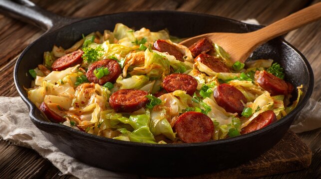 Chorizo and cabbage saut&eacute;, rustic home-style dish, paprika seasoning, cast-iron pan, wooden background, warm earthy tones