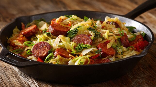 Chorizo and cabbage saut&eacute;, rustic home-style dish, paprika seasoning, cast-iron pan, wooden background, warm earthy tones