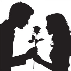 Romantic Silhouette Couple with Rose on Neutral Background Vector Illustration