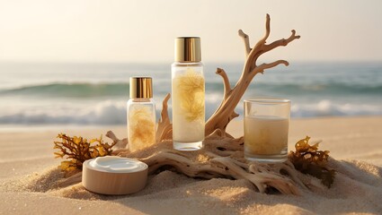 Luxurious skincare products on a serene beach setting