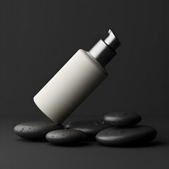 Cosmetic bottle on black stones