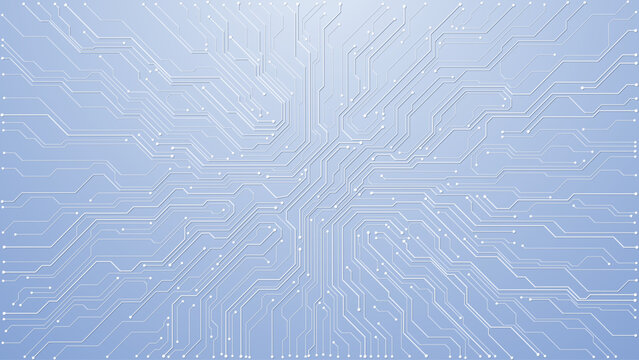 Abstract white background featuring circuit patterns and blue tech elements. Clean digital design with futuristic lines for modern technology and AI-themed projects. Digital vector background.